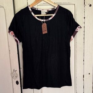 Grace & Emma Black Short Sleeve Ringer Tee with Pink Camo Trim - By